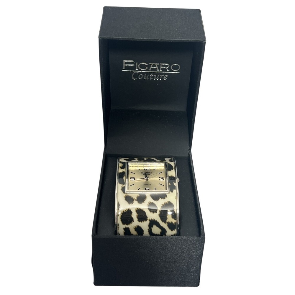 FIGARO Couture Women's Leopard Print Cuff Bangle Watch Gold Tone Quartz Untested